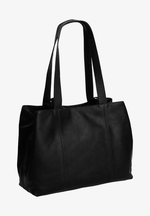 Bolso tote de cuero negro con asas dobles, forma rectangular, textura suave y detalles de costura sutiles. Presenta un logotipo en el costado.