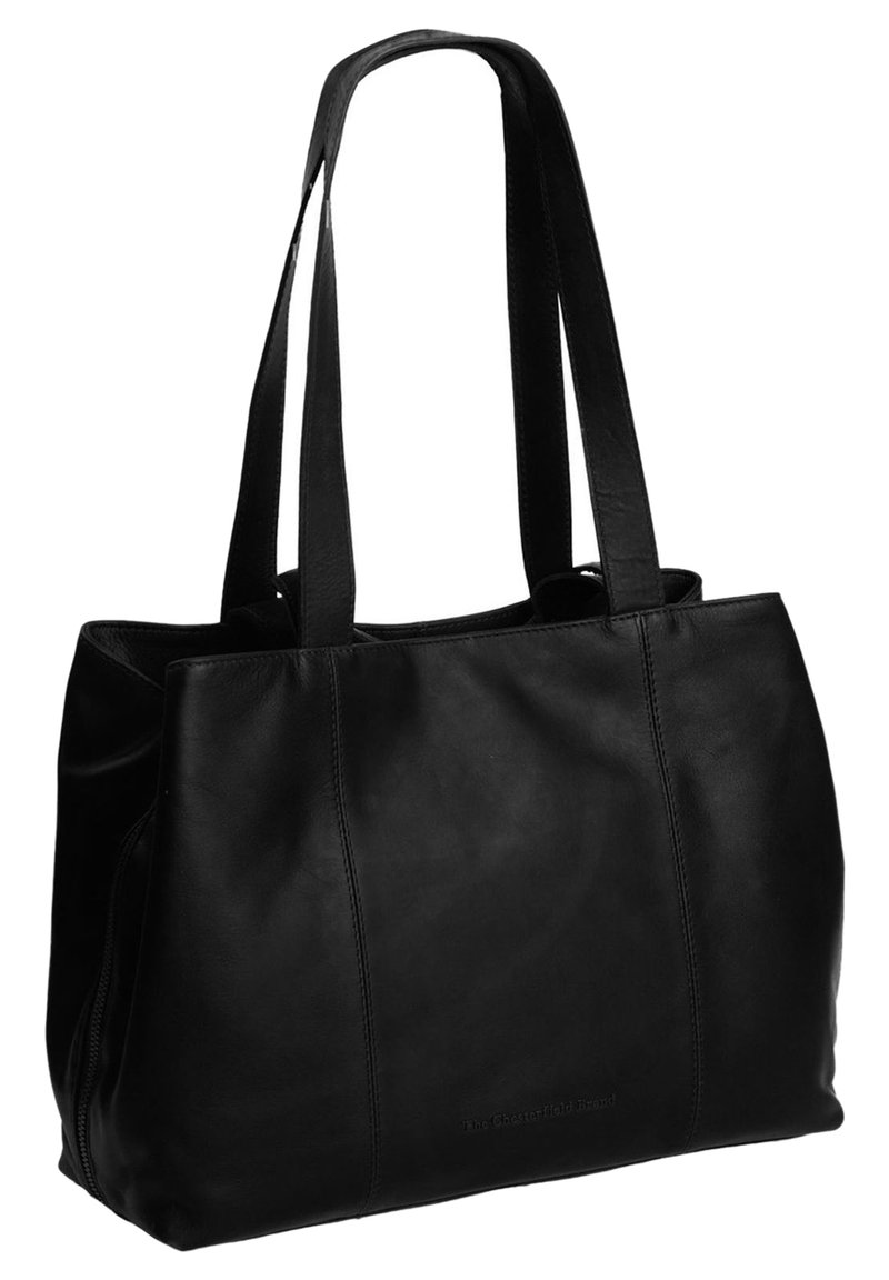 Bolso tote de cuero negro con asas alargadas, forma rectangular, textura lisa y detalles sutiles de costura. Sin herrajes visibles.