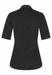 Camicia nera a maniche corte con collo, caratterizzata da una trama liscia e una vestibilità sartoriale, presentata dalla vista posteriore.