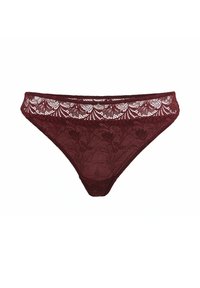 Burgundy lace thong featuring a floral pattern, sheer texture, and a white lace waistband. Accented with a small metallic detail at the front.