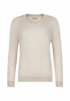 Ljus beige långärmad tröja i mjukt, texturerat tyg. Har rundad halsringning och ribbade muddning och nederkant. Enkel design.