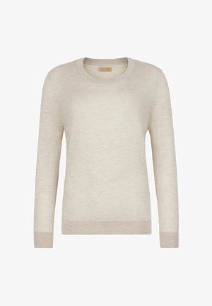 Helle beige Langarm-Pullover aus weichem, strukturiertem Stoff. Verfügt über einen Rundhalsausschnitt sowie gerippte Bündchen und Saum. Schlichte Designs.