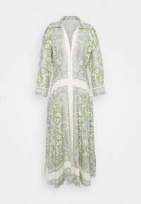 Robe longue blanche avec des motifs paisley verts et lavande, col, manches longues et boutons sur toute la longueur.