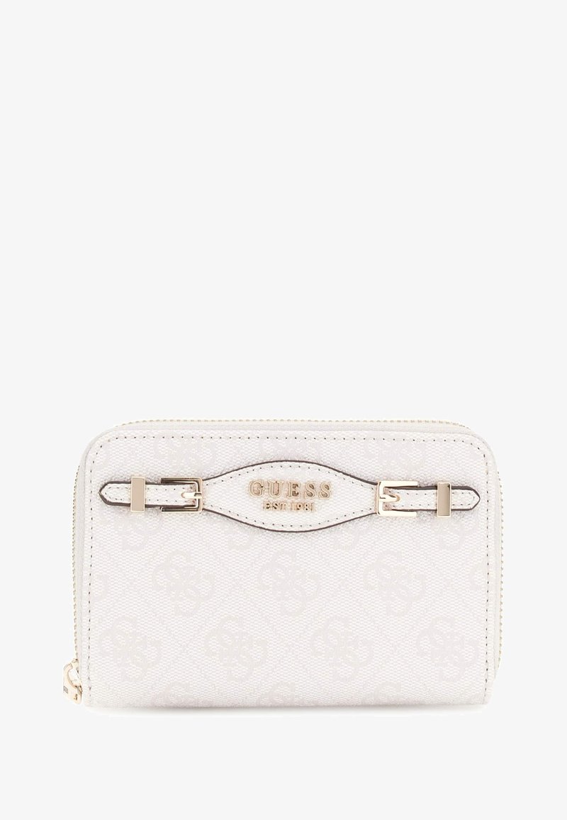 Porte-monnaie zippé blanc avec un extérieur texturé arborant un motif de logo subtil, une quincaillerie dorée et un logo de marque bien en vue.