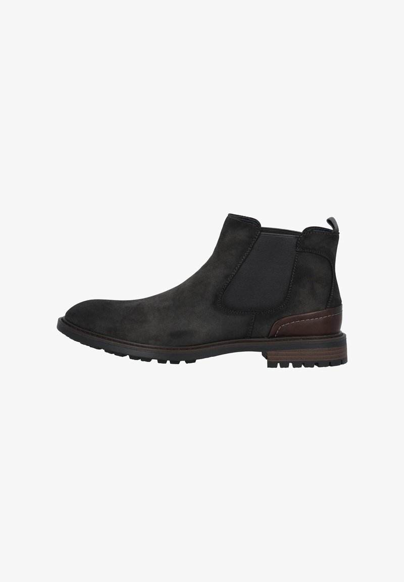 Bottes Chelsea en suede noir avec des panneaux élastiques sur les côtés, des accents en cuir marron, un bout rond et une semelle en caoutchouc texturée.
