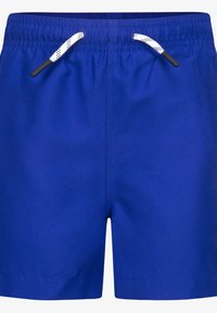 Blå badeshorts med elastisk midje og kontrasterende hvit snor, glatt stofftekstur og sydd kant.