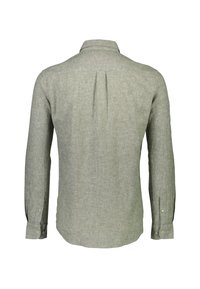 Camicia a maniche lunghe con bottoni in misto lino verde chiaro. Caratterizzata da una piega posteriore, colletto standard e bottoni ai polsini. Tessuto testurizzato con un motivo sottile.