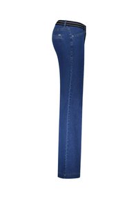 Jeans slim fit in denim blu scuro, con un cinturino nero a contrasto e cuciture standard. Design classico a cinque tasche senza motivi visibili.