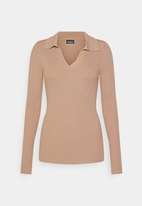 Ribbed pitkähihaine paita vaaleassa beigeessä, V-pääntiellä ja klassisella kauluksella. Valmistettu pehmeästä ja joustavasta materiaalista, jossa on istuva muotoilu.