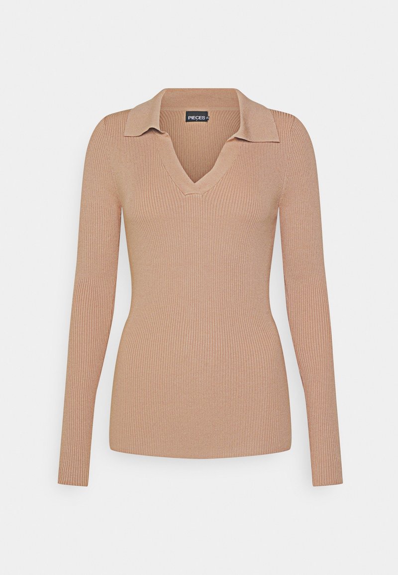 Haut à manches longues côtelé en beige clair avec un col en V et un col classique. Fabriqué dans un matériau doux et extensible, il présente une coupe ajustée.