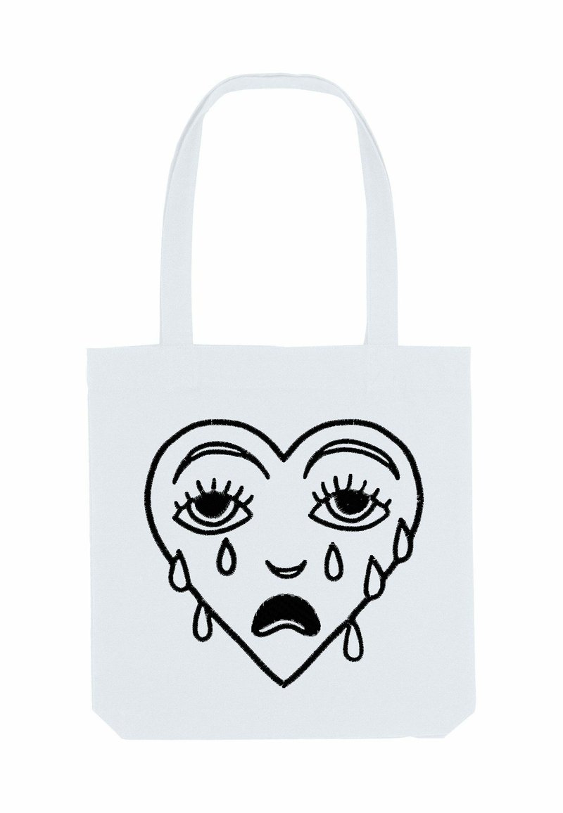 Borsa tote bianca con un design in arte lineare nera di un cuore con due lacrime e occhi espressivi, che mostra una forma semplice e piatta.