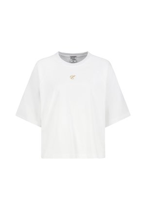 Weißes kurzärmeliges T-Shirt mit weitem Schnitt, kleinem goldbesticktem Logo mittig unterhalb des Kragens und rundem Halsausschnitt.