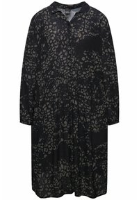 Abito nero con maniche lunghe, colletto con bottoni e motivo leopardato in grigio scuro. Realizzato in un tessuto leggero e strutturato.