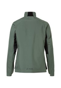 Giacca verde con pannelli laterali neri, colletto alto, maniche lunghe e tasche con cerniera. Il materiale sembra leggero e traspirante.