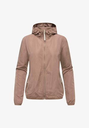 Giacca leggera con cappuccio di un morbido color beige, dotata di zip completa, polsini elasticizzati e tasche laterali con una texture liscia.