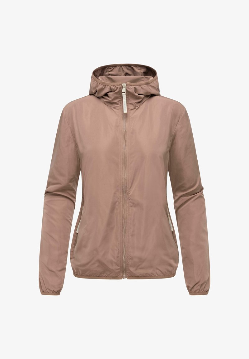 Lengvas, su gobtuvu švarkas švelnios smėlinės spalvos, su pilnu užtrauktuku, elastingomis rankovėmis ir šoninėmis kišenėmis, kuriose yra lygi tekstūra.