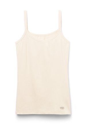 Lichtbeige tanktop met dunne bandjes, gemaakt van zachte katoen. Heeft een ronde halslijn en een klein label aan de onderzoom.