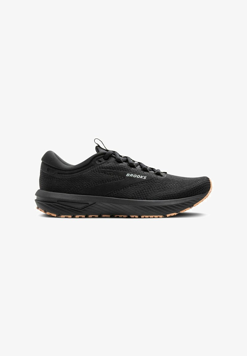 Scarpa da corsa nera con tomaia in rete, motivo texturizzato e suola ammortizzata. Presenta una suola in gomma con dettagli a contrasto in marrone chiaro.