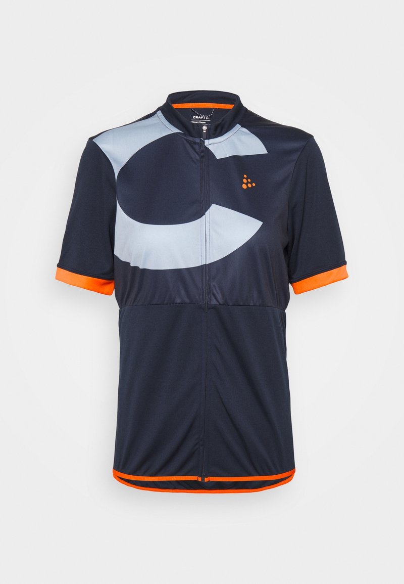 Cyklistický dres s krátkým rukávem v námořnické modři s světle modrými akcenty a oranžovým lemováním. Obsahuje přední zip a velký grafický design.