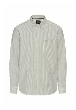 Chemise en coton rayée en vert clair et blanc. Dotée d'un col à bouton, de manches longues et d'une poche sur le côté gauche de la poitrine. Boutons jaunes.