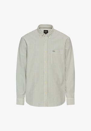 Striped cotton shirt in light green and white. Features a button-down collar, long sleeves, and a left chest pocket. Yellow buttons.