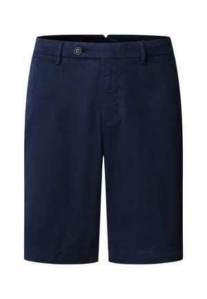 Marineblaue Shorts in Knielänge mit Knopfverschluss, Gürtelschlaufen und Fronttaschen, auf weißem Hintergrund dargestellt.