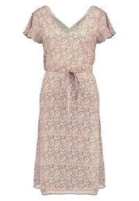 Robe à fleurs en tissu léger, avec un décolleté en V, des manches courtes volantées et une ceinture à nouer. Le motif comprend de petites fleurs colorées.