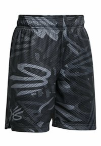 Shorts atléticos de malla negra con un patrón gráfico en tonos de gris. Cintura elástica con cordón; diseñados para la transpirabilidad.