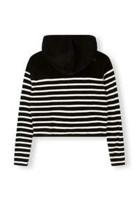 Sudadera corta a rayas en blanco y negro con textura suave. Presenta una capucha negra y mangas largas. Patrón de líneas simples sin detalles adicionales.