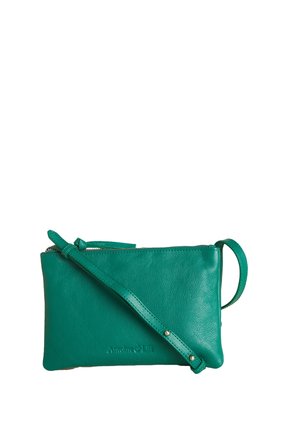 Small teal leather crossbody bag with adjustable strap and zipper closure, brand name embossed near bottom center.