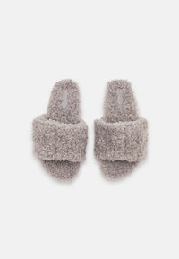 Fuzzy gray open-toe slippers with a thick, textured band and soft footbed, made from a plush material for comfort and warmth.