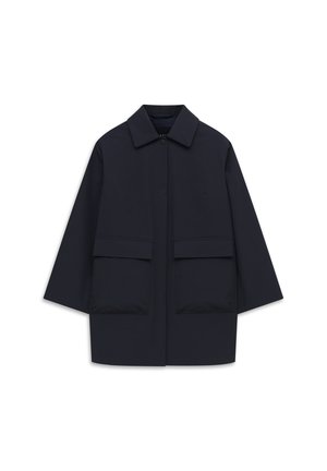 Black mid-length jacket with wide sleeves, pointed collar, front button closure, and two large flap pockets.