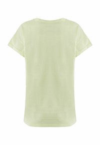 Jasnozielona koszulka z miękkiej tkaniny, krótki rękaw i okrągły dekolt. Tył jest gładki z prostym wykończeniem.