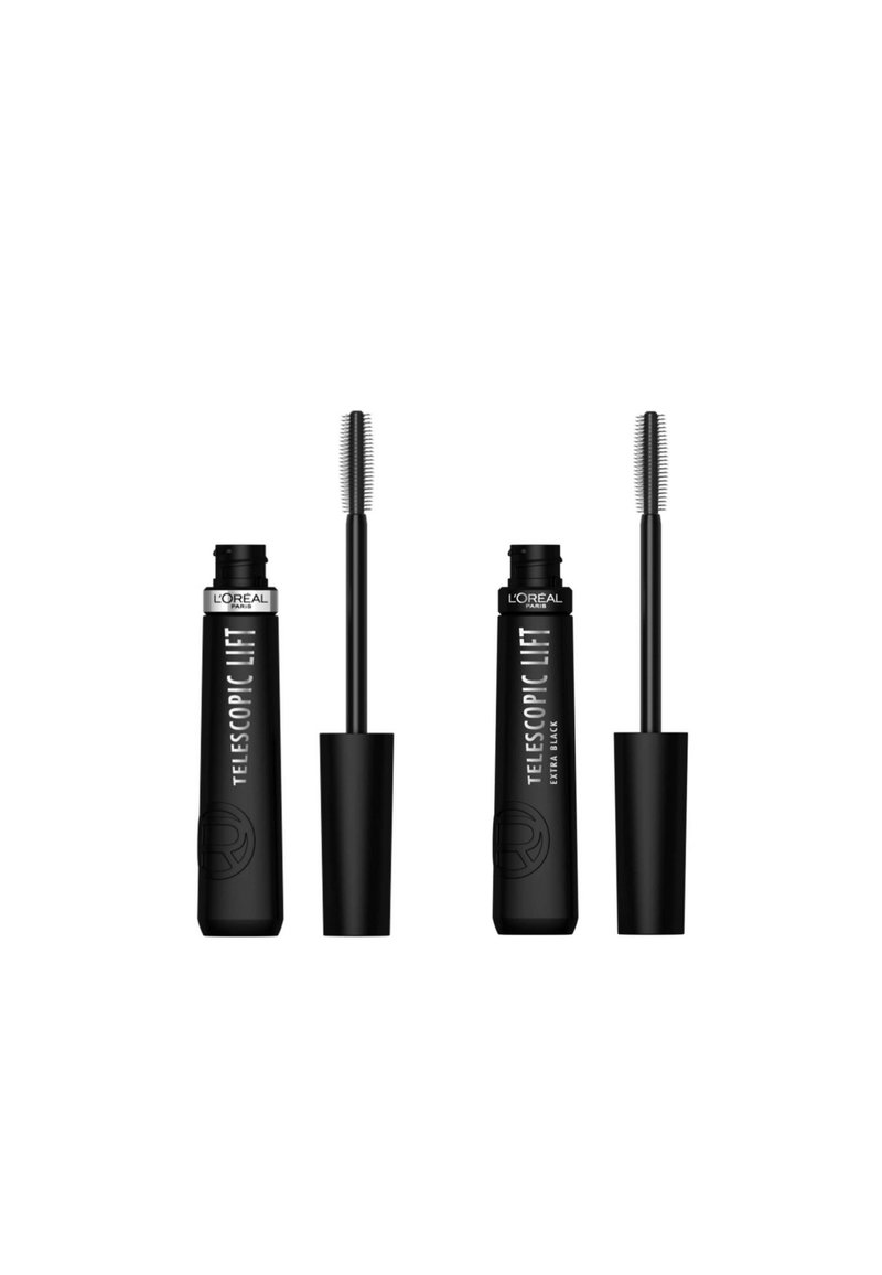 Mascara L'Oréal Telescopic Lift dans un tube noir mat avec un applicateur fin présentant des poils courts et espacés pour une application précise.