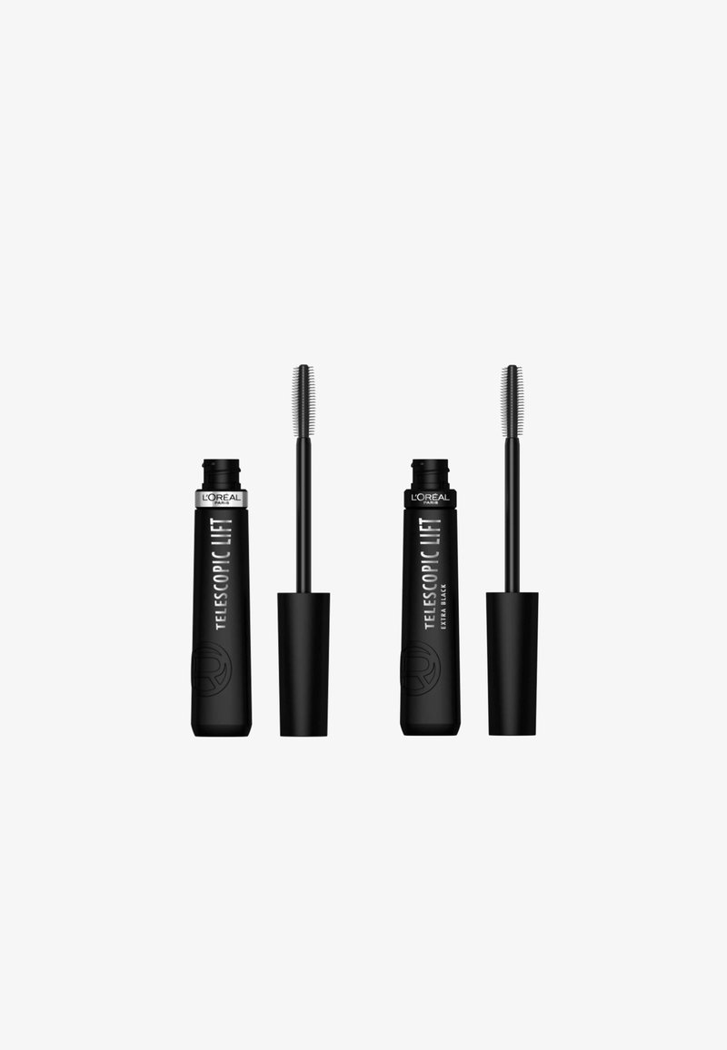 Mascara L'Oréal Telescopic Lift dans un tube noir mat avec un applicateur fin présentant des poils courts et espacés pour une application précise.