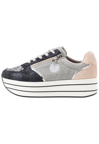 Platform sneaker featuring gray, navy, and pale pink materials; textured surface with metallic accents; silver zipper and logo detail.