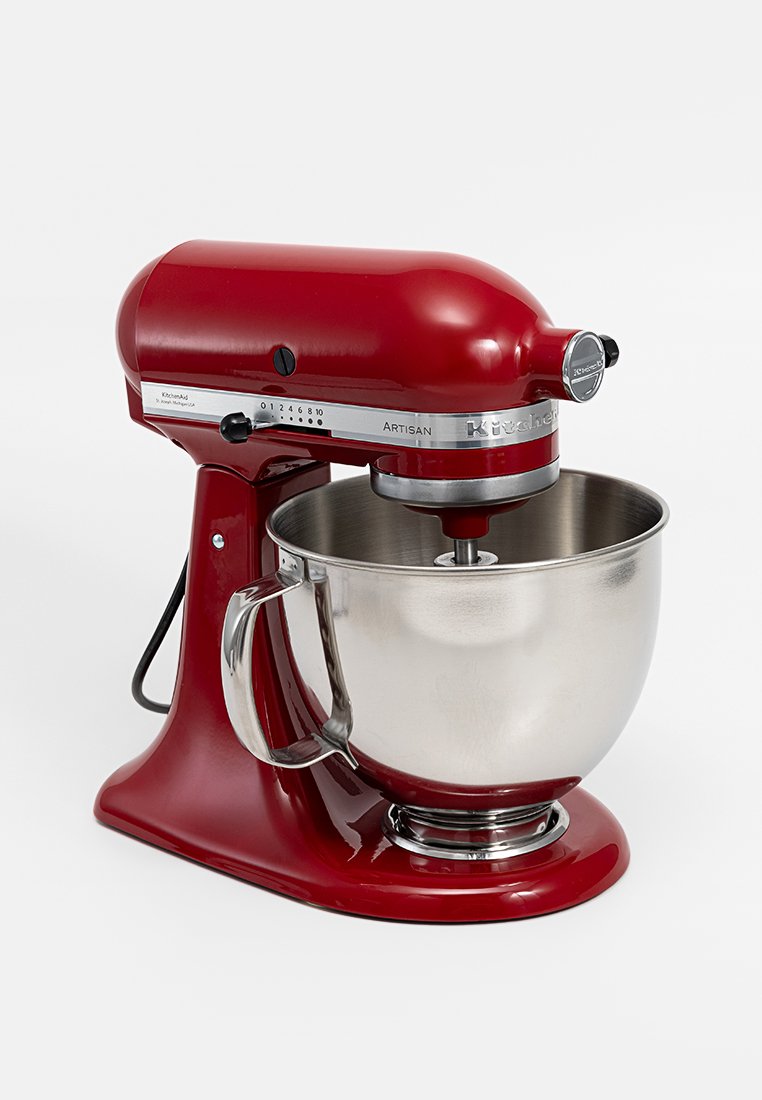 KitchenAid Artisan Standmischer mit einem roten Metallgehäuse, einer Edelstahlschüssel und einem Rührwerkzeug aus Edelstahl. Verfügt über mehrere Geschwindigkeitsstufen.