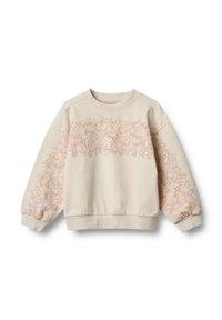Beige sweatshirt featuring a floral pattern in pink, yellow, and green across the front and sleeves. Ribbed crew neckline and cuffs.