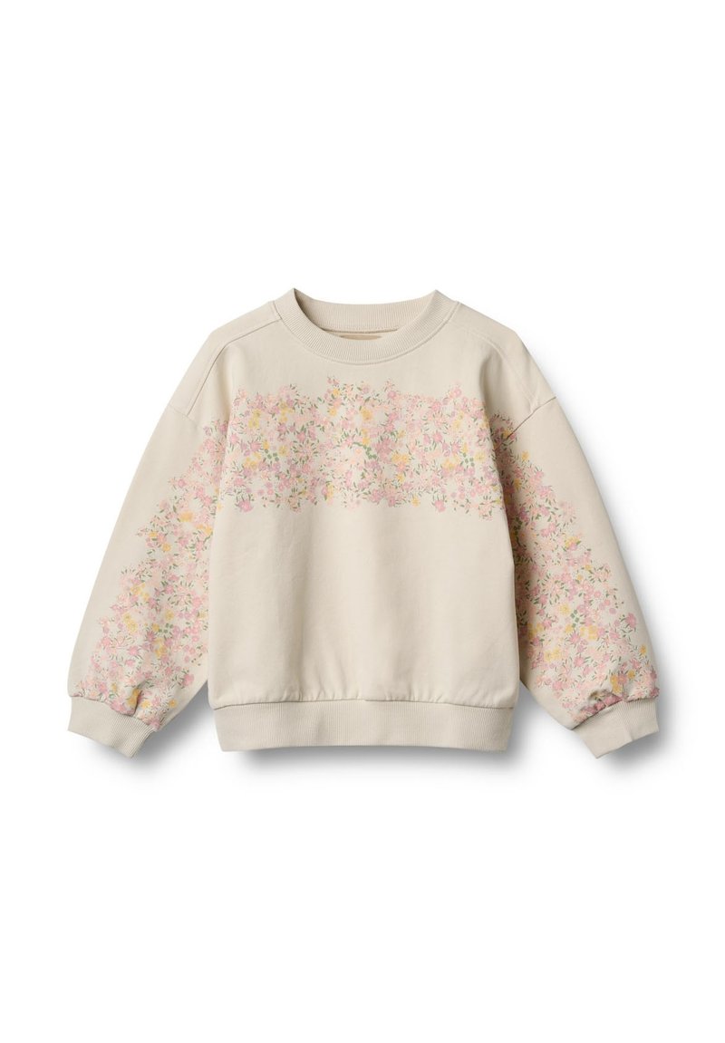 Beige sweatshirt featuring a floral pattern in pink, yellow, and green across the front and sleeves. Ribbed crew neckline and cuffs.