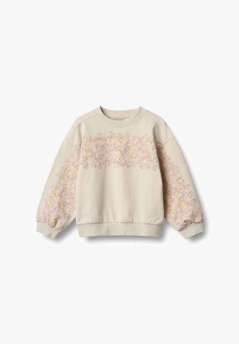 Beige sweatshirt med ett blommönster i rosa, gult och grönt över framsidan och ärmarna. Ribbade rundhals och ärmslut.