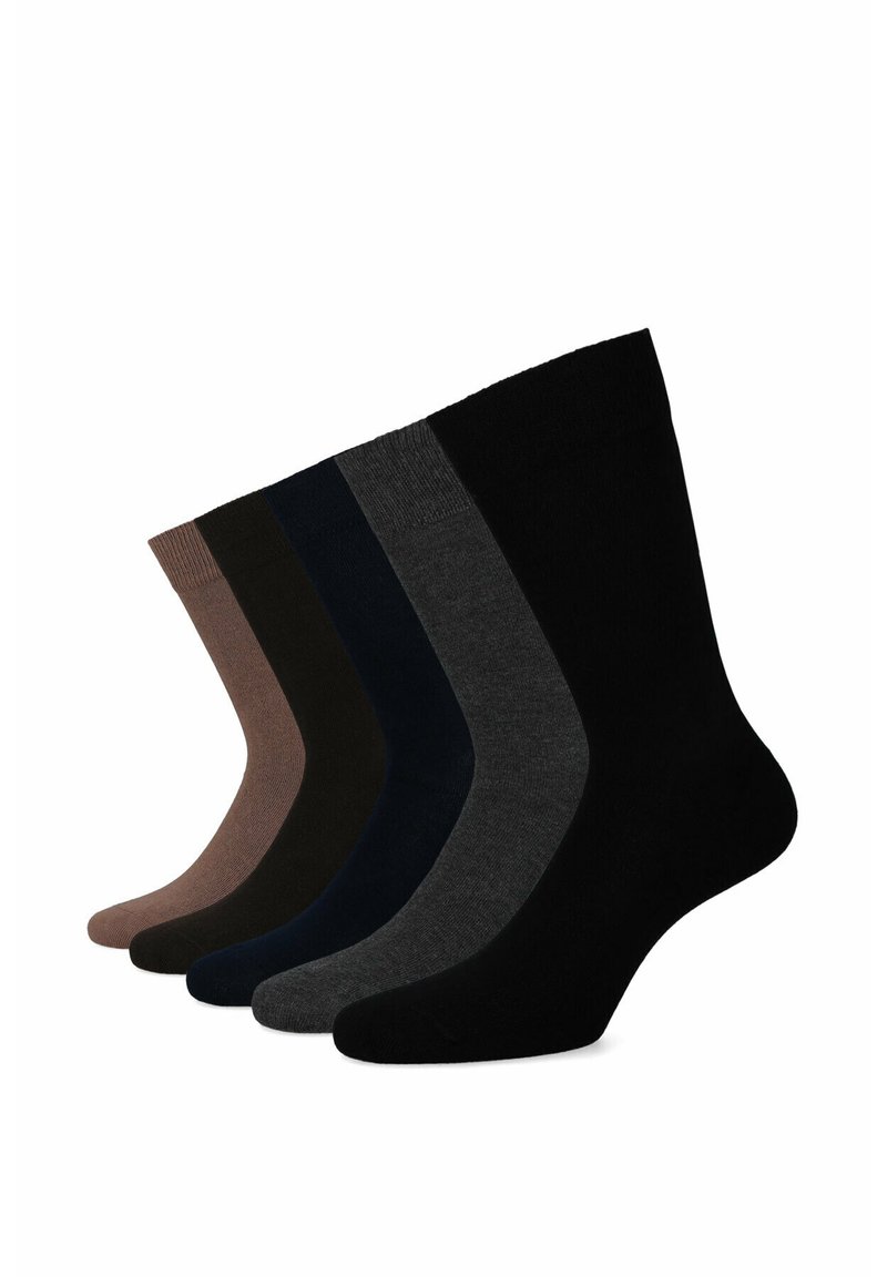 Pięć par skarpet w różnych kolorach: brązowy, ciemnozielony, granatowy, szary i czarny. Gładka tekstura z prążkowanymi mankietami, wszystkie długości do kostek.