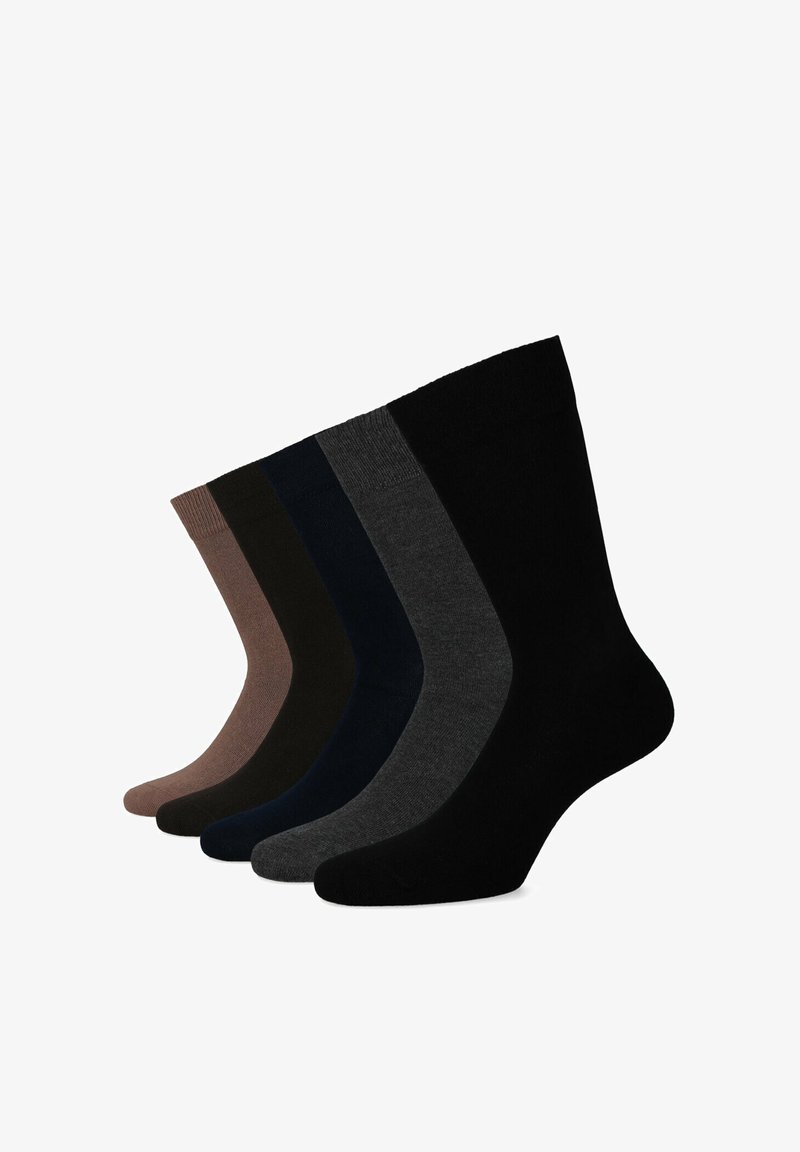 Pięć par skarpet w różnych kolorach: brązowy, ciemnozielony, granatowy, szary i czarny. Gładka tekstura z prążkowanymi mankietami, wszystkie długości do kostek.