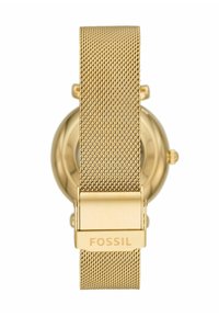 Gold-Mesh-Uhrenarmband mit einer Schnalle, die mit dem Schriftzug "FOSSIL" graviert ist. Das Armband hat ein strukturiertes Muster und verbindet sich mit einem runden Zifferblatt.