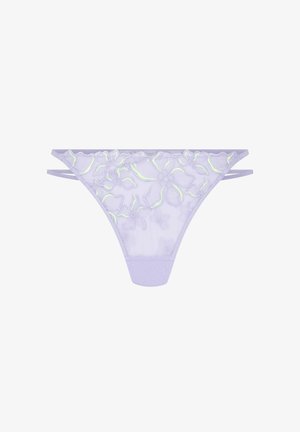 Lavendel thong met bloemenborduurwerk in lichtere tinten, voorzien van dunne zijbandjes en een gladde textuur. Minimalistisch ontwerp met doorzichtige accenten.