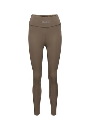 Brune leggings i fuld længde med en bred talje. "HALO" logo i lyseblå på fronten. Lavet af glat, strækbart materiale.