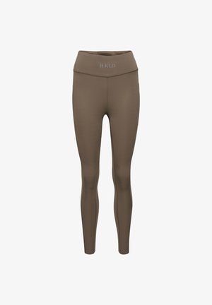 Hoch taillierte Leggings in Olivgrün aus glattem Stoff mit Frontnaht-Details und "HALO"-Logo am Bund.