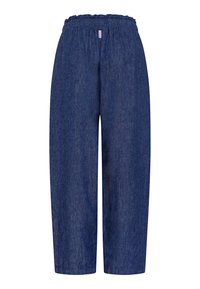 Luźne ciemnoniebieskie jeansy z elastycznym paskiem w talii i małą, centralną metką materiałową z przodu.