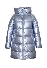 Cappotto invernale imbottito in materiale blu chiaro lucido, con un colletto alto, zipper frontale e due tasche laterali. Texture liscia con motivo trapuntato.