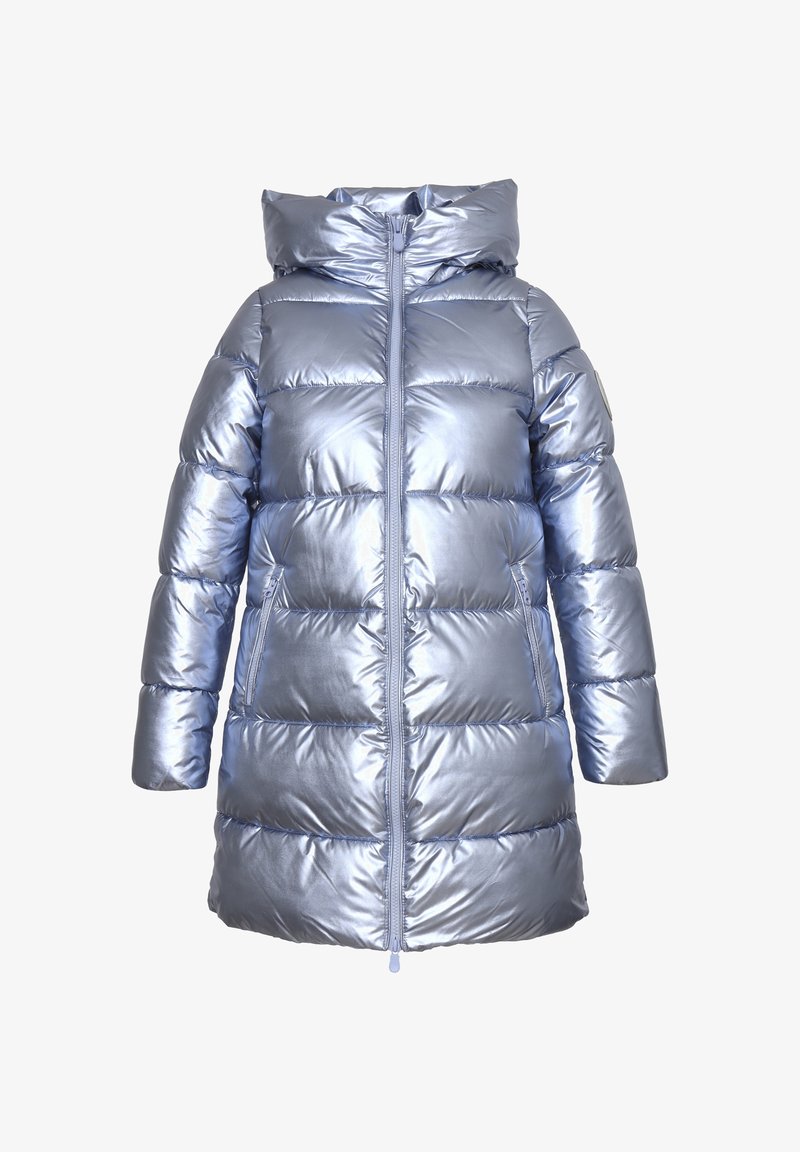 Cappotto invernale imbottito in materiale blu chiaro lucido, con un colletto alto, zipper frontale e due tasche laterali. Texture liscia con motivo trapuntato.