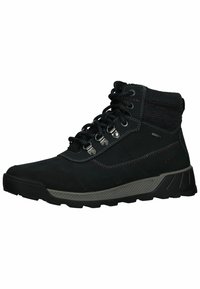 Botas de senderismo negras con un cuello de tela texturizada, herrajes plateados para los cordones, puntera reforzada y una suela de goma segmentada para tracción.
